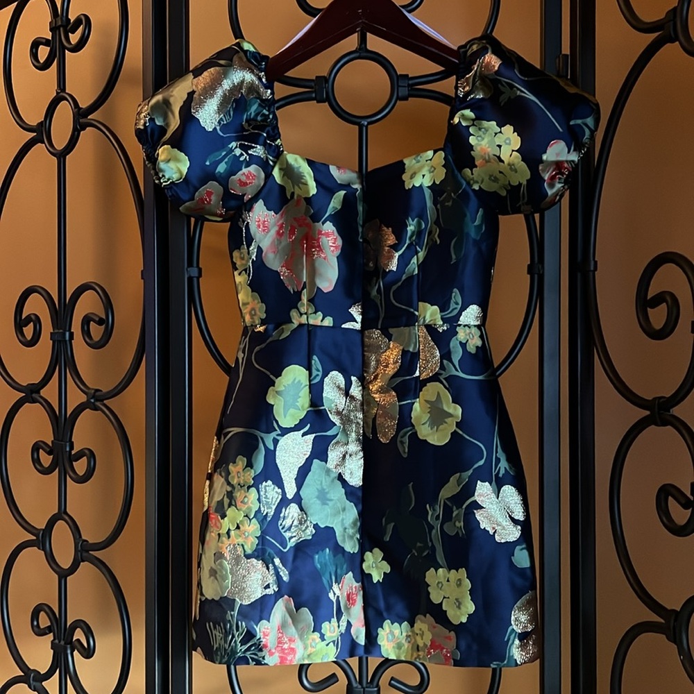 LULU’S “So Stunning Navy Blue Floral Jacquard Puff Sleeve Mini Dress” - Picture 9 of 16